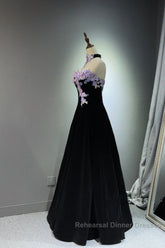 A-Line Black Velvet Long Party Dress With Lace Applique, Black Velvet Semi Formal Prom Dress